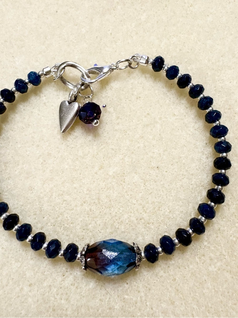 Lapis Bracelet with Tibetan Silver Spacers and Clasp. Czech Glass Focal 7.5inch